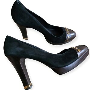 🧡Tory Burch Black Suede Gold Embellished Studded Heels☆